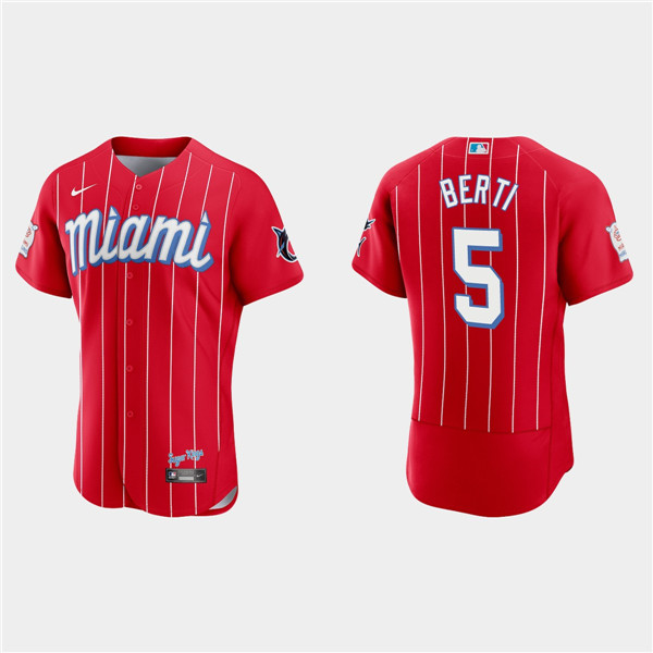 Men's Miami Marlins #5 Jon Berti Red 2021 City Connect Flex Base Stitched Jersey